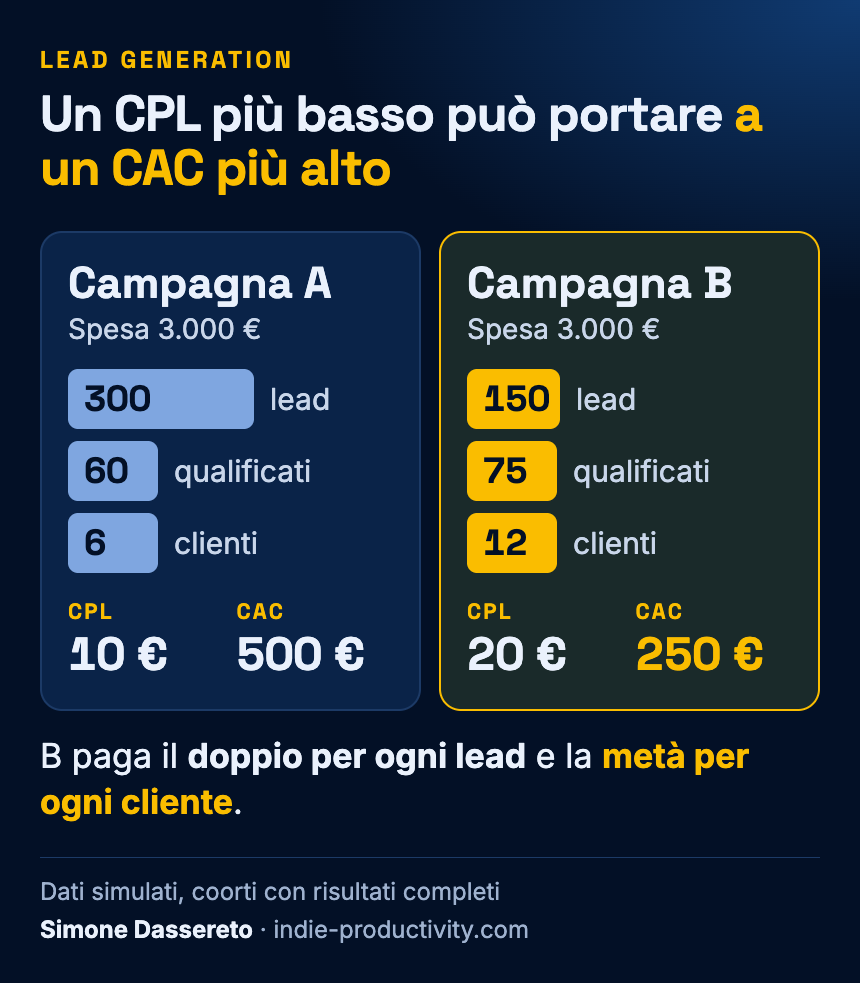 Confronto simulato tra due campagne: un CPL più basso può portare a un CAC più alto