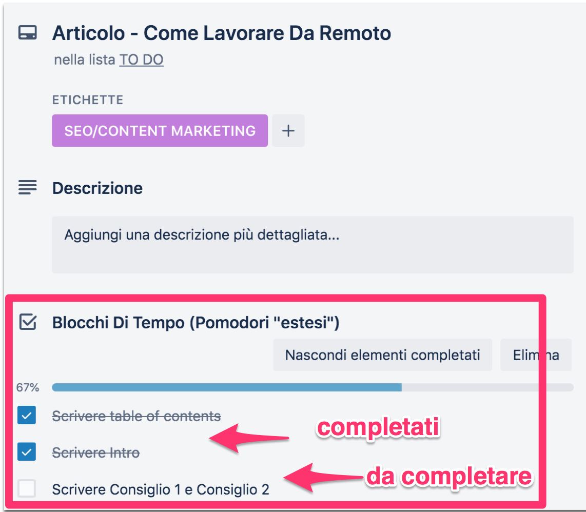 Trello subtasks e pomodori 
