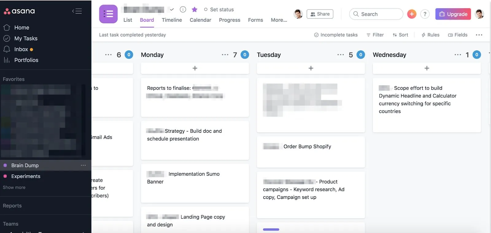 come lavorare da remoto - Asana board