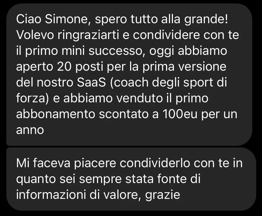 Messaggio privato dopo il lancio di un SaaS